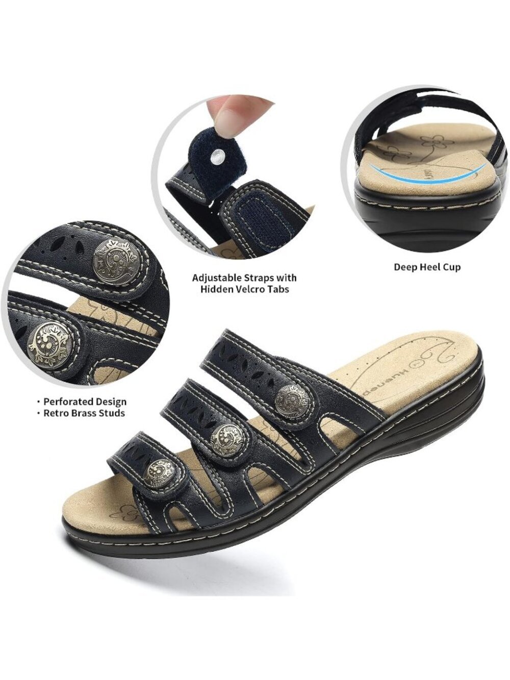 Women's Comfort Leather Slides Flat Sandals Navy Slip On Casual Walking Slippers - Picture 4 of 6